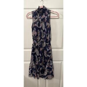 Nanette Lepore Chiffon Sleeveless Mock Neck Blue Metallic Paisley Dress, sz 2